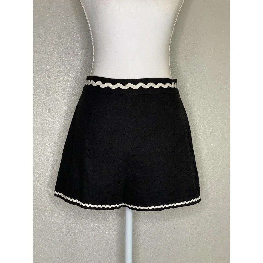Rickrack Trim‎ High Waist Shorts Black Linen Blend Pinup Coastal Preppy XS/S